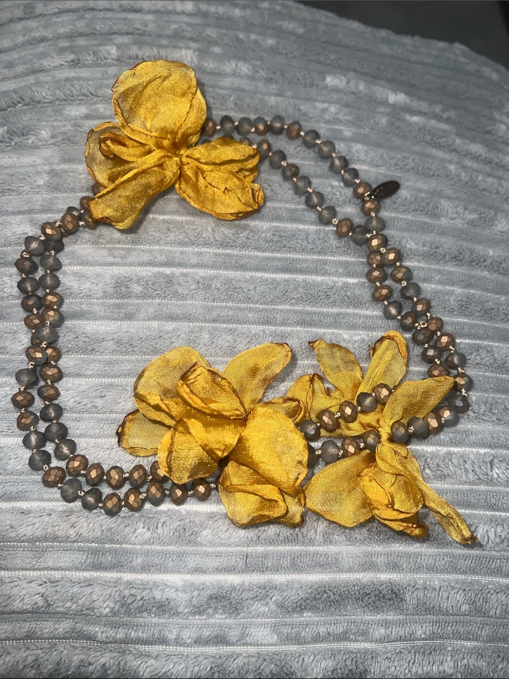 Plunder Gold Floral Bead Necklace with Yellow Fabric Flowers